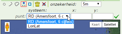 Coördinaten invoeren Klik op handmatige invoer punt. Kies in het dropdownmenu tussen RD (Amersfoort) coördinaten of LonLat (breedte en lengte in graden).