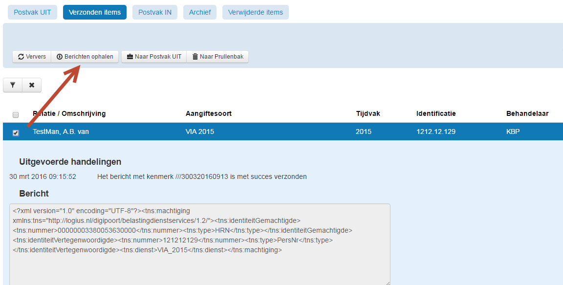 Als het bericht verstuurd is, wordt in de Status VIA de status Verzoek verzonden gezet en wordt het bericht verplaatst naar Verzonden items.