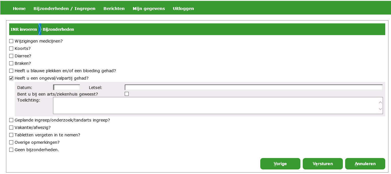 4.2.6 Heeft u een ongeval/valpartij gehad? Hier kunt u de datum en het soort letsel aangeven dat u hebt opgelopen bij een ongeval of valpartij.