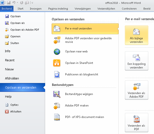 E-mail versturen vanuit Word Documenten die u maakt in Word kunnen meteen als bijlage worden verstuurd.
