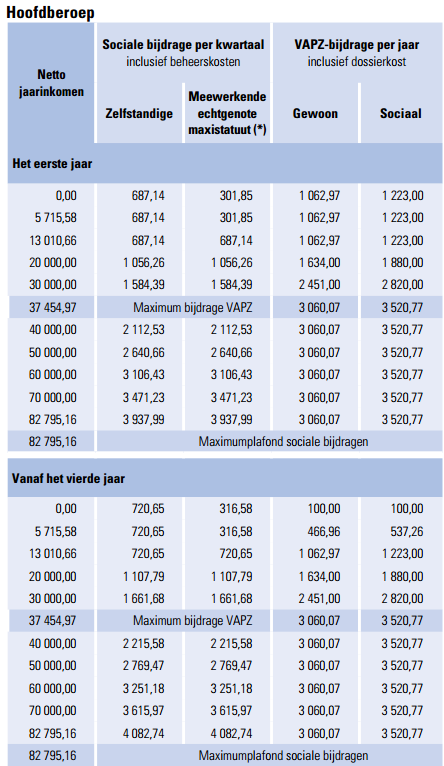 In de volgende tabel vindt u de sociale bijdrage die u moet betalen op uw beroepsinkomen van 2016.