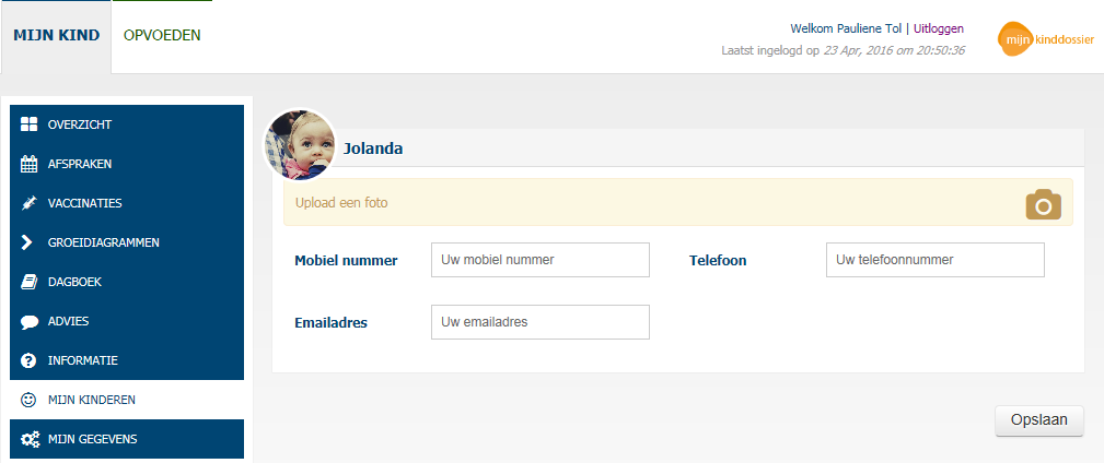 Scherm Mijn Gegevens Ga, wanneer u voor de allereerste keer bent ingelogd in Mijn Kinddossier, eerst naar het scherm Mijn Gegevens. Dit scherm is bij de allereerste keer inloggen altijd leeg.
