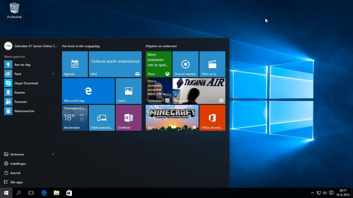 Startmenu Klik met de linker muisknop op het startmenu / Windows icoon en onderstaand menu verschijnt.