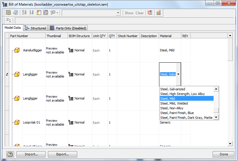 Multi-body samenstelling afwerken Bill of Material: Material instellen Voeg de kolom