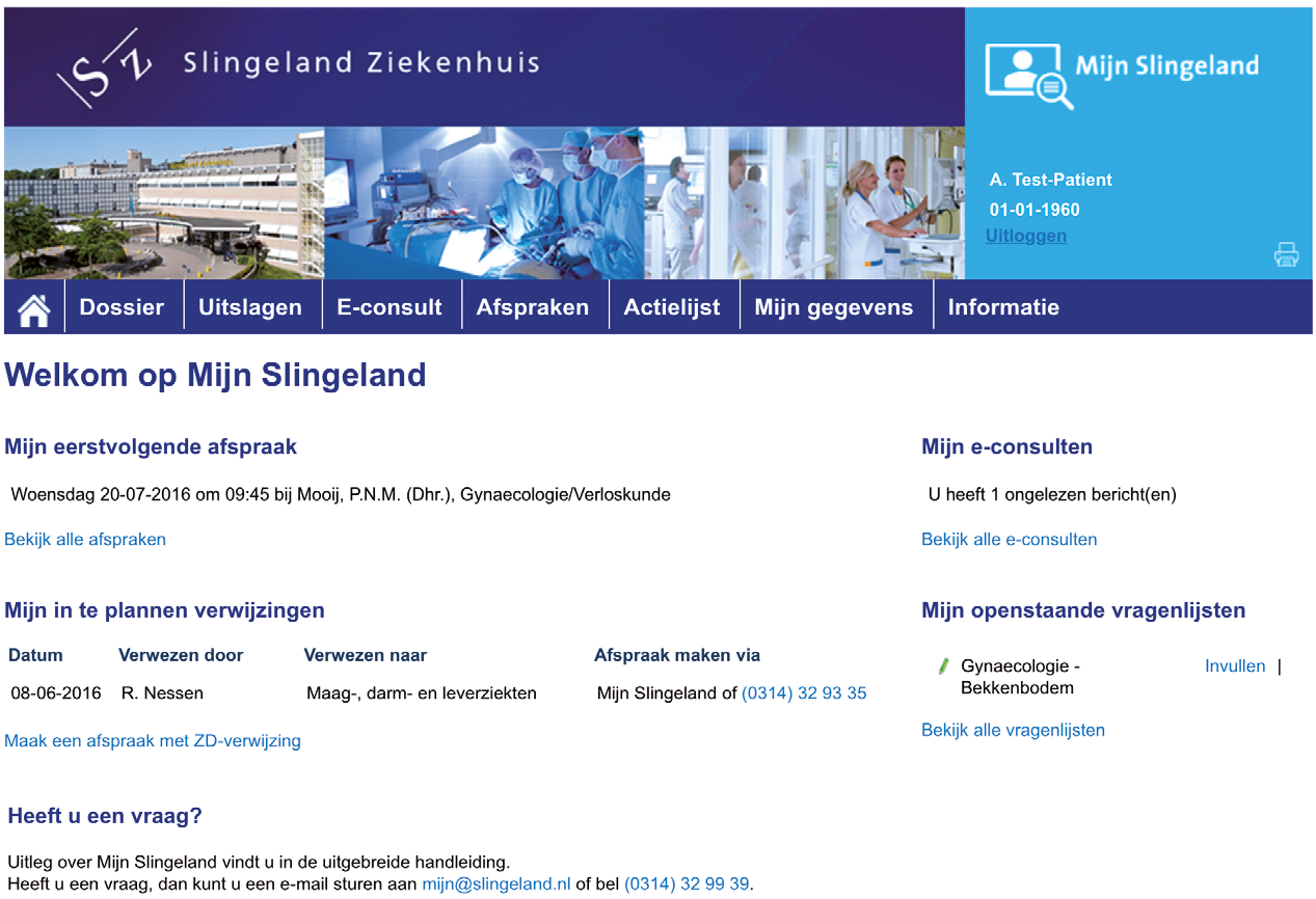 Mijn Slingeland Mogelijkheden van Mijn Slingeland Als patiënt van het Slingeland Ziekenhuis heeft u 24 uur per dag, zeven dagen per week, toegang tot het zorgportaal Mijn Slingeland.