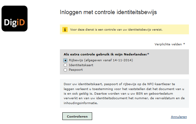 Inloggen stap 2: Controle identiteitsbewijs GERRIT Podium