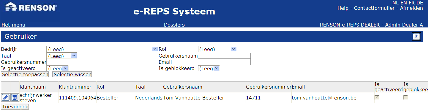 1.2 Gebruikers beheer e-reps. Alle beheerders hebben de mogelijkheid om gebruikers aan te maken, te wijzigen, te blokkeren of te verwijderen uit het systeem.