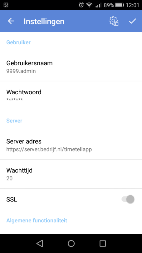 - Vul bij server de hostnaam in gevolgd door een / en de naam van de TimeTell App website (bijvoorbeeld https://servernaam.domeinnaam.nl/timetellapp).