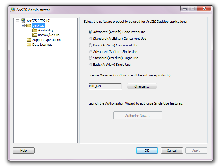 in ArcGIS Administrator (Start > alle programma s > ArcGIS > ArcGIS Administrator) op Desktop (in het linkse kader), kies het beschikbare licentieniveau dat u wenst te gebruiken.