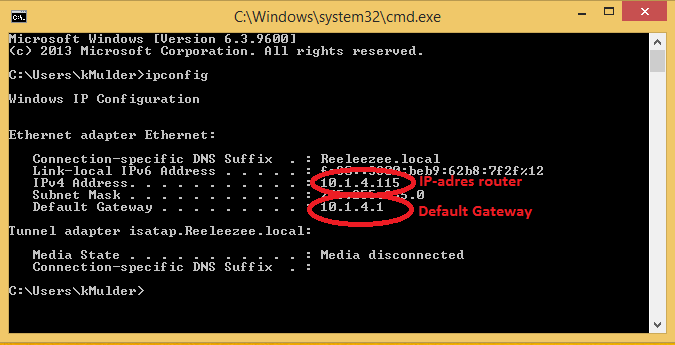 Het IP-adres van uw router wordt weergegeven achter IPv4 Adress en de Default Gateway achter Default Gateway. 2. Uniek IP-nummer achterhalen Het IP-adres van de router is nu bekend.