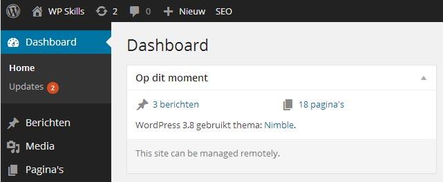 3 Het WordPress Dashboard Het Dashboard is de startpagina die je ziet als je inlogt op de website. Hier zie je op één pagina veel informatie over de blog of website staan.