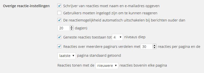 4.6 Reacties (instellingen) Hier kun je bepalen wat de standaard instellingen zijn voor bezoekers die willen reageren op artikelen of pagina s.