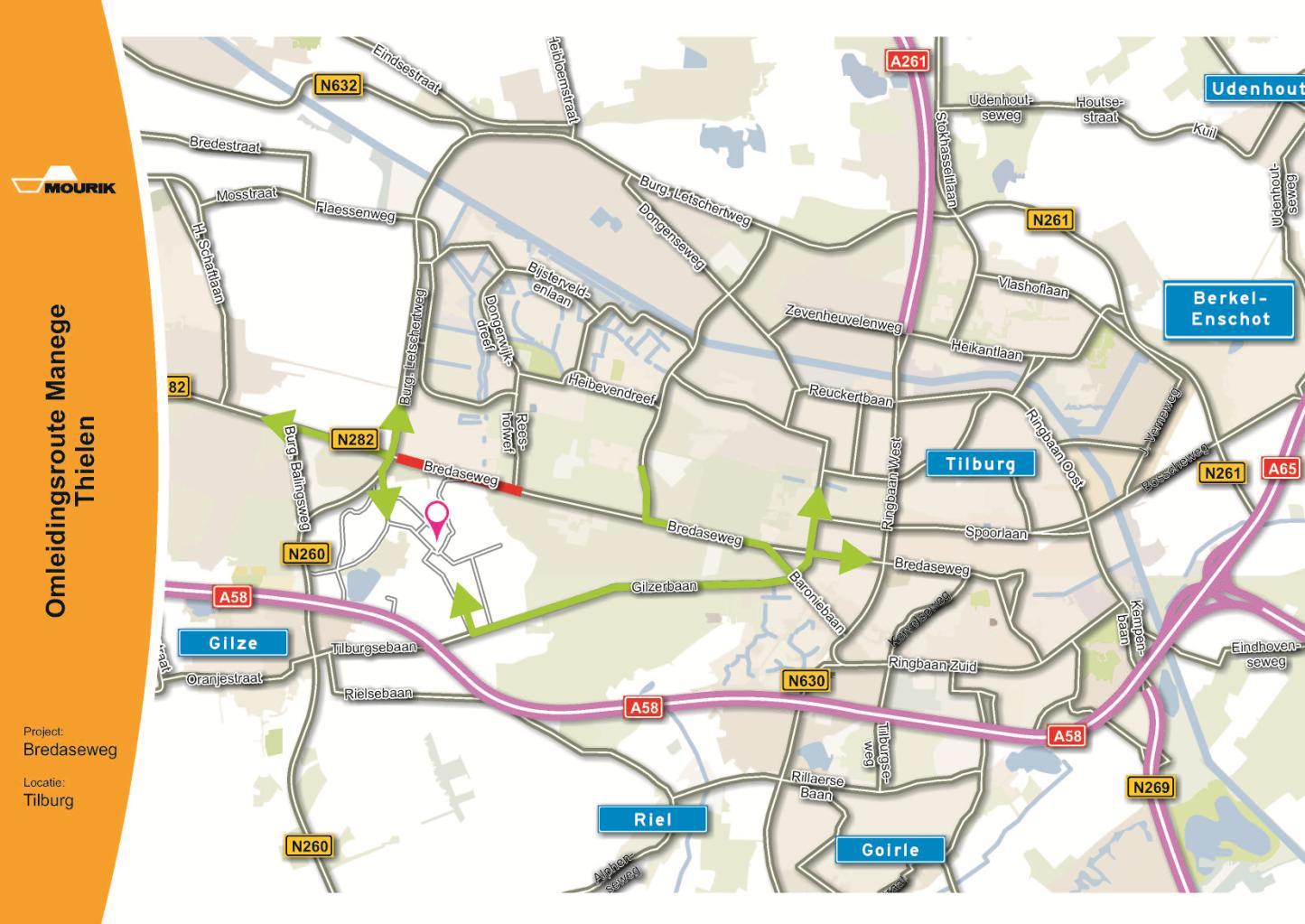 Vanaf 29 augustus tot 13 oktober a.s. wordt het gedeelte van de Bredaseweg tussen de Reeshofweg (inclusief de kruising met de Oude Rielsebaan) en de Burgemeester Letschertweg afgesloten.