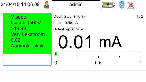 4 Voor testprogramma uit Visuele inspectie Isolatieweerstand Vervangende lekstroom LET OP! Testobject wordt ingeschakeld. Let op uw eigen veiligheid!