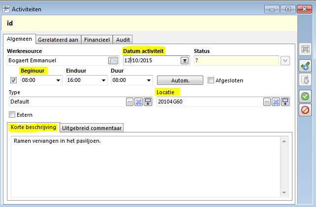 Er zal een nieuw venster geopend worden. Geef een datum en beginuur van de activiteit in, en configureer eventueel een locatie en bijkomende omschrijving.