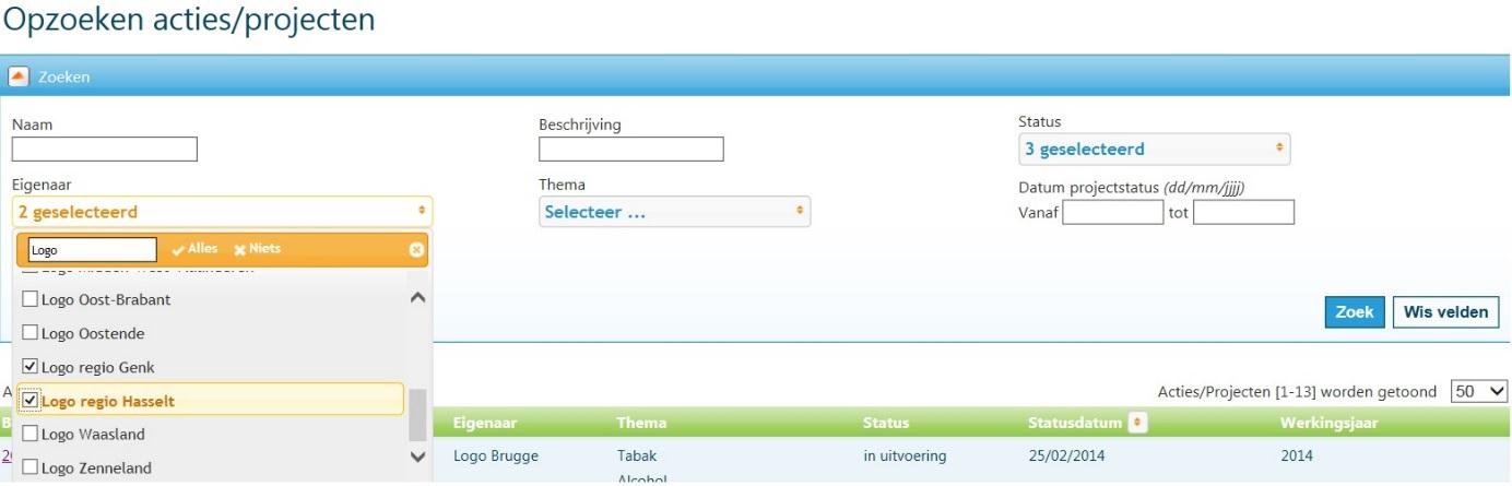 De volgend zoekcriteria zijn beschikbaar: Naam, Beschrijving, Status, Datum projectstatus (Vanaf Tot), Eigenaar, Thema en Werkingsjaar.