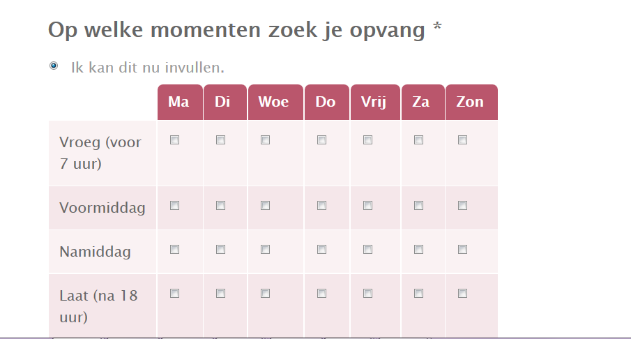 Hoofdstuk 1 Figuur 1 Keuzemogelijkheid opvangplan binnen de Kinderopvangzoeker Men kan echter ook de mogelijkheid aanduiden om dit rechtstreeks met de opvang te bespreken (bijvoorbeeld bij een