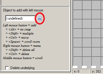 Selecteer de sprite sprdeur en klik op OK in het object venster. In de objects tab van het room venster zit een selecteer object knop zoals je ziet in de afbeelding hierna.