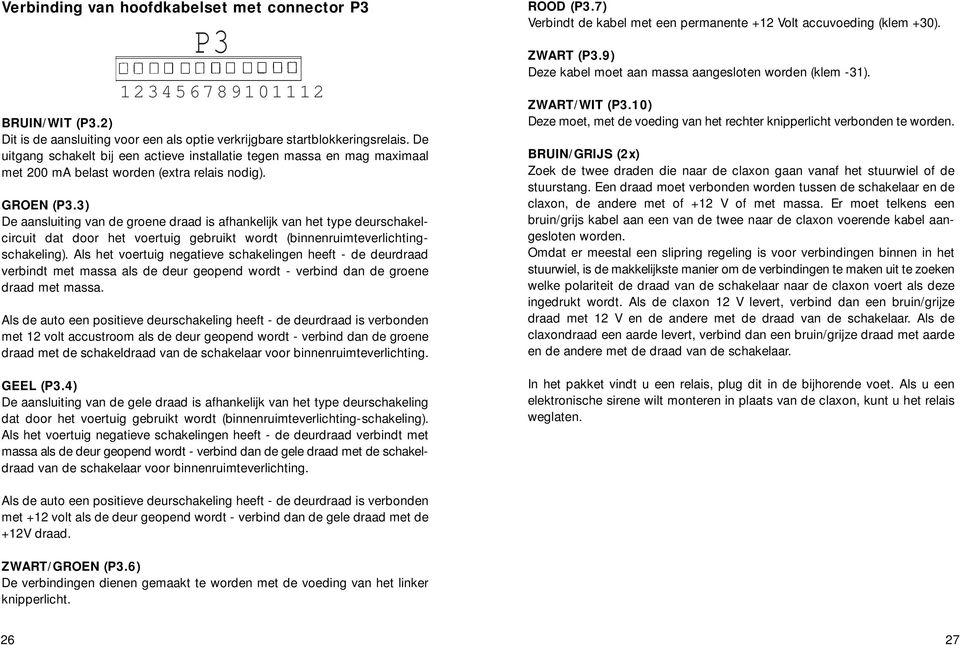 3) De aansluiting van de groene draad is afhankelijk van het type deurschakelcircuit dat door het voertuig gebruikt wordt (binnenruimteverlichtingschakeling).