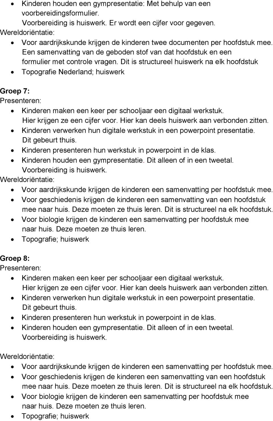Dit is structureel huiswerk na elk hoofdstuk Topografie Nederland; huiswerk Groep 7: Kinderen maken een keer per schooljaar een digitaal werkstuk. Hier krijgen ze een cijfer voor.