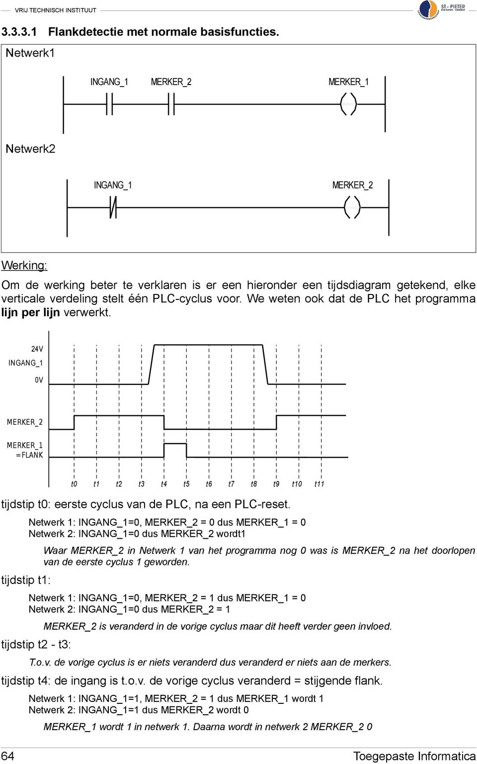 We weten ook dat de PLC het programma lijn per lijn verwerkt. 24V 0V MERKER_2 MERKER_1 =FLANK tijdstip t0: eerste cyclus van de PLC, na een PLC-reset.