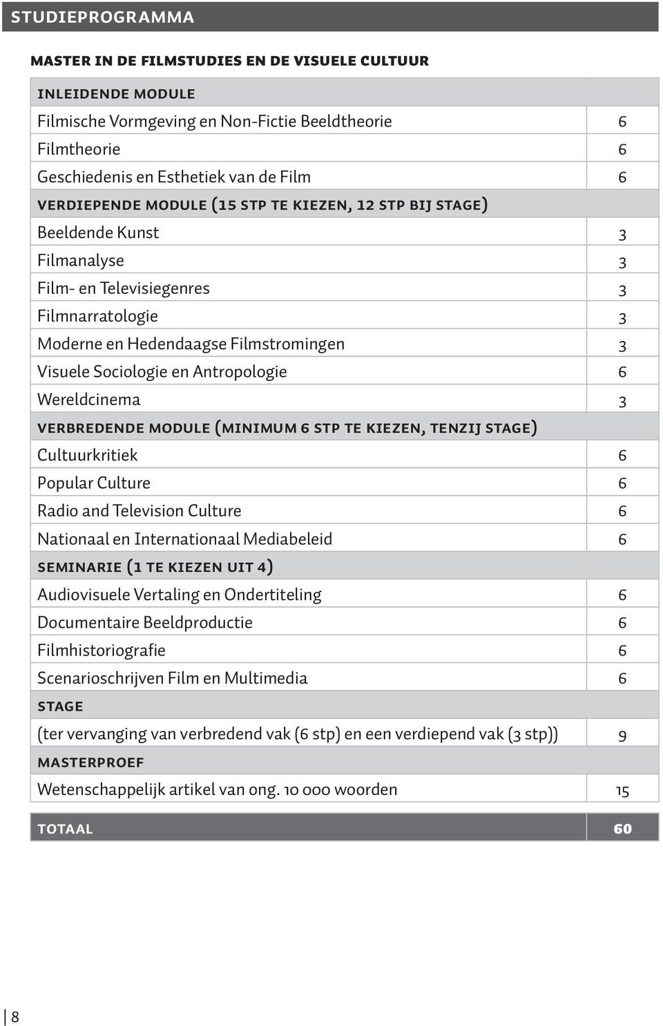 Wereldcinema 3 Verbredende module (minimum 6 stp te kiezen, tenzij stage) Cultuurkritiek 6 Popular Culture 6 Radio and Television Culture 6 Nationaal en Internationaal Mediabeleid 6 Seminarie (1 te