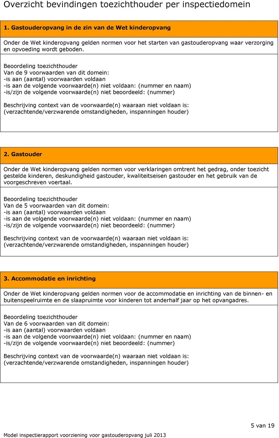 Beoordeling toezichthouder Van de 9 voorwaarden van dit domein: -is aan (aantal) voorwaarden voldaan -is aan de volgende voorwaarde(n) niet voldaan: (nummer en naam) -is/zijn de volgende