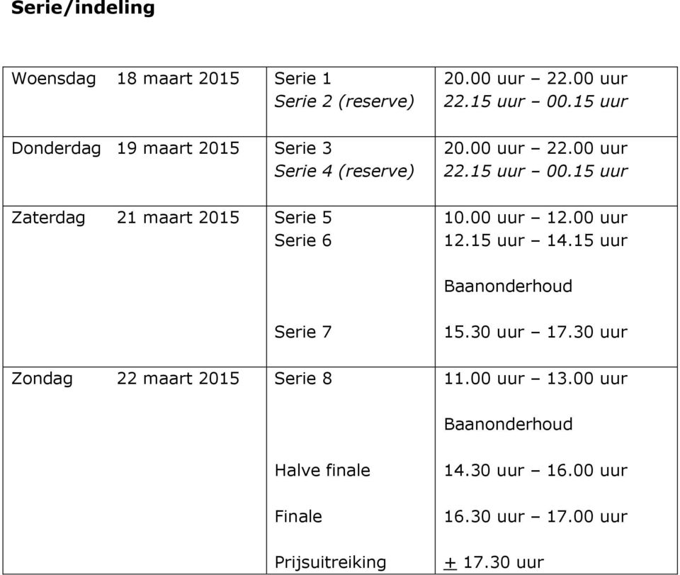 00 uur 12.00 uur 12.15 uur 14.15 uur Baanonderhoud Serie 7 Zondag 22 maart 2015 Serie 8 15.30 uur 17.30 uur 11.