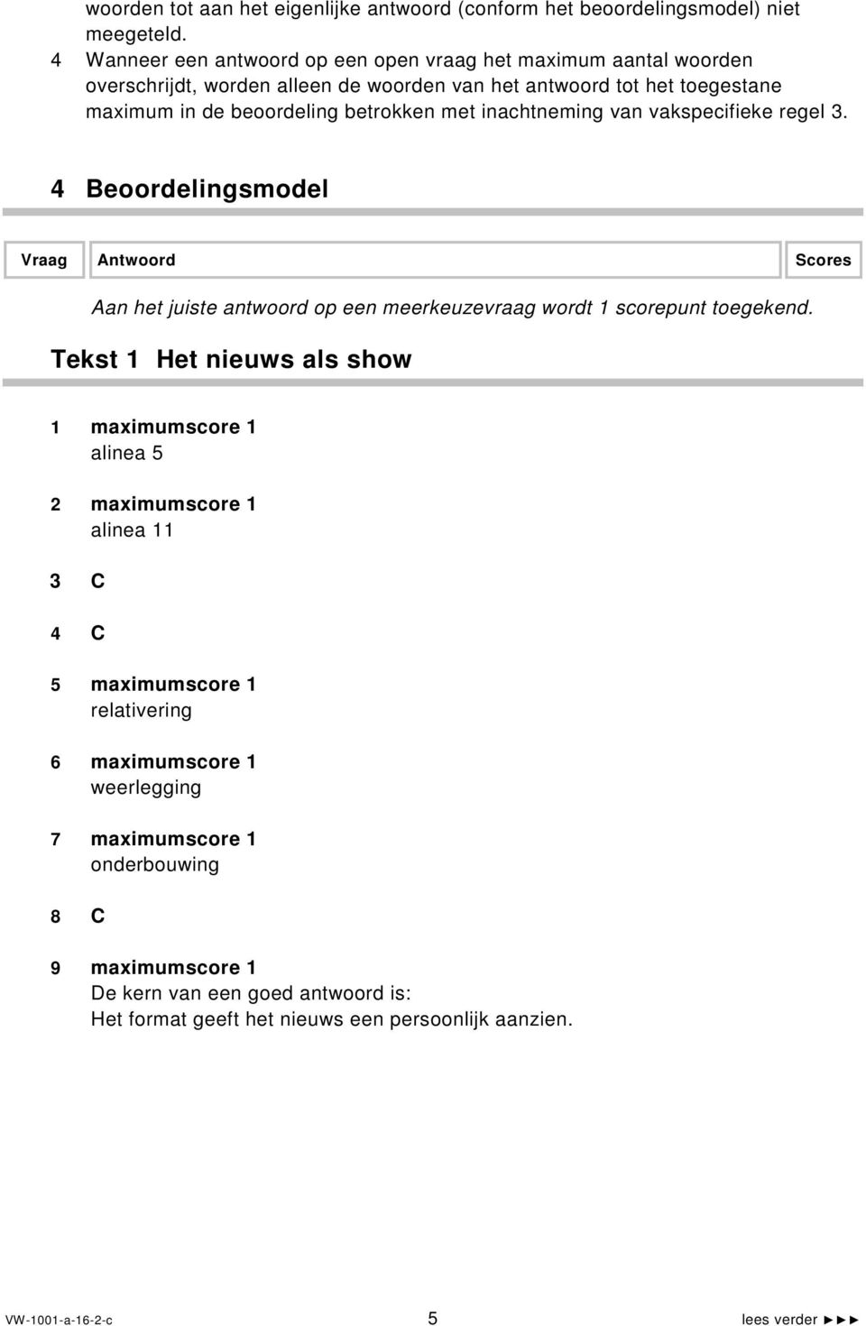 betrokken met inachtneming van vakspecifieke regel 3. 4 Beoordelingsmodel Vraag Antwoord Scores Aan het juiste antwoord op een meerkeuzevraag wordt 1 scorepunt toegekend.