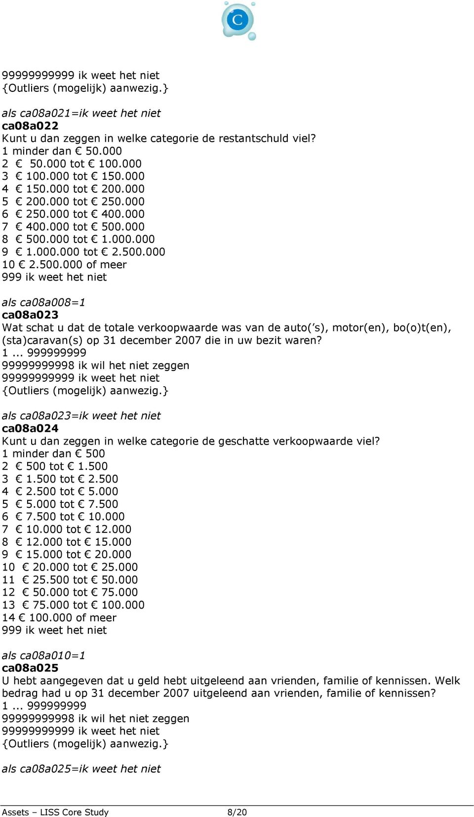 000 8 500.000 tot 1.000.000 9 1.000.000 tot 2.500.000 10 2.500.000 of meer als ca08a008=1 ca08a023 Wat schat u dat de totale verkoopwaarde was van de auto( s), motor(en), bo(o)t(en), (sta)caravan(s) op 31 december 2007 die in uw bezit waren?