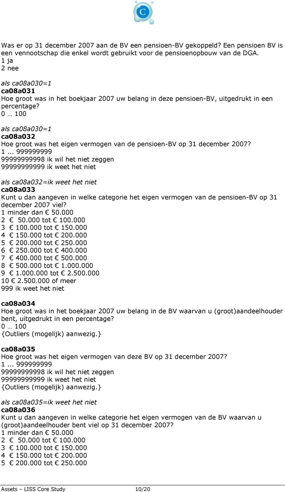 0 100 als ca08a030=1 ca08a032 Hoe groot was het eigen vermogen van de pensioen-bv op 31 december 2007?