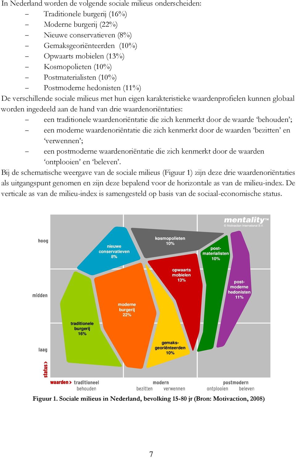 van drie waardenoriëntaties: een traditionele waardenoriëntatie die zich kenmerkt door de waarde behouden ; een moderne waardenoriëntatie die zich kenmerkt door de waarden bezitten en verwennen ; een