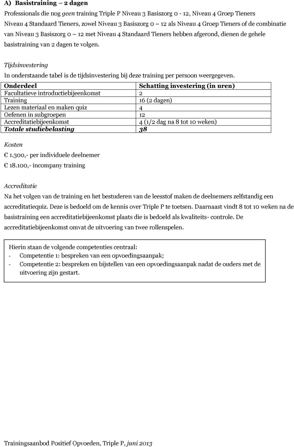 Tijdsinvestering In onderstaande tabel is de tijdsinvestering bij deze training per persoon weergegeven.