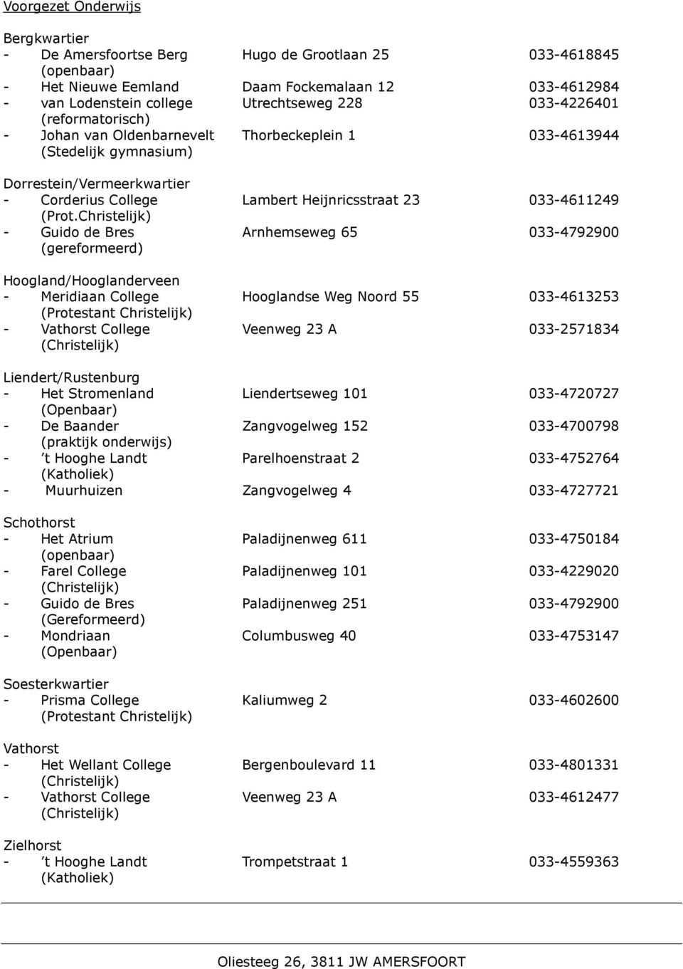 Christelijk) - Guido de Bres Arnhemseweg 65 033-4792900 (gereformeerd) Hoogland/Hooglanderveen - Meridiaan College Hooglandse Weg Noord 55 033-4613253 (Protestant Christelijk) - Vathorst College