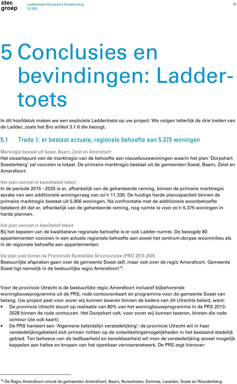 375 woningen Markregio bestaat uit Soest, Baarn, Zeist en Amersfoort Het zwaartepunt van de marktregio van de behoefte aan nieuwbouwwoningen waarin het plan Dorpshart Soesterberg zal voorzien is