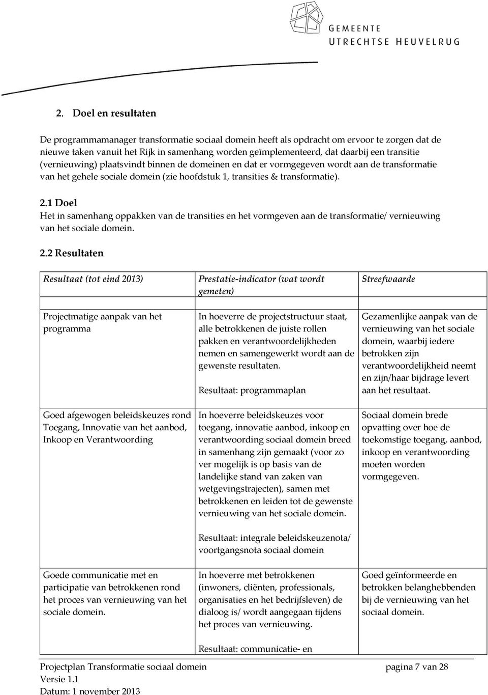 1 Doel Het in samenhang oppakken van de transities en het vormgeven aan de transformatie/ vernieuwing van het sociale domein. 2.