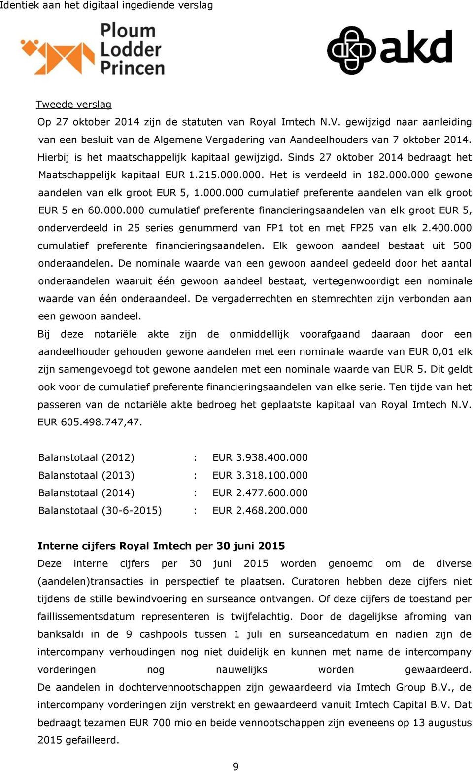 000.000 cumulatief preferente aandelen van elk groot EUR 5 en 60.000.000 cumulatief preferente financieringsaandelen van elk groot EUR 5, onderverdeeld in 25 series genummerd van FP1 tot en met FP25 van elk 2.