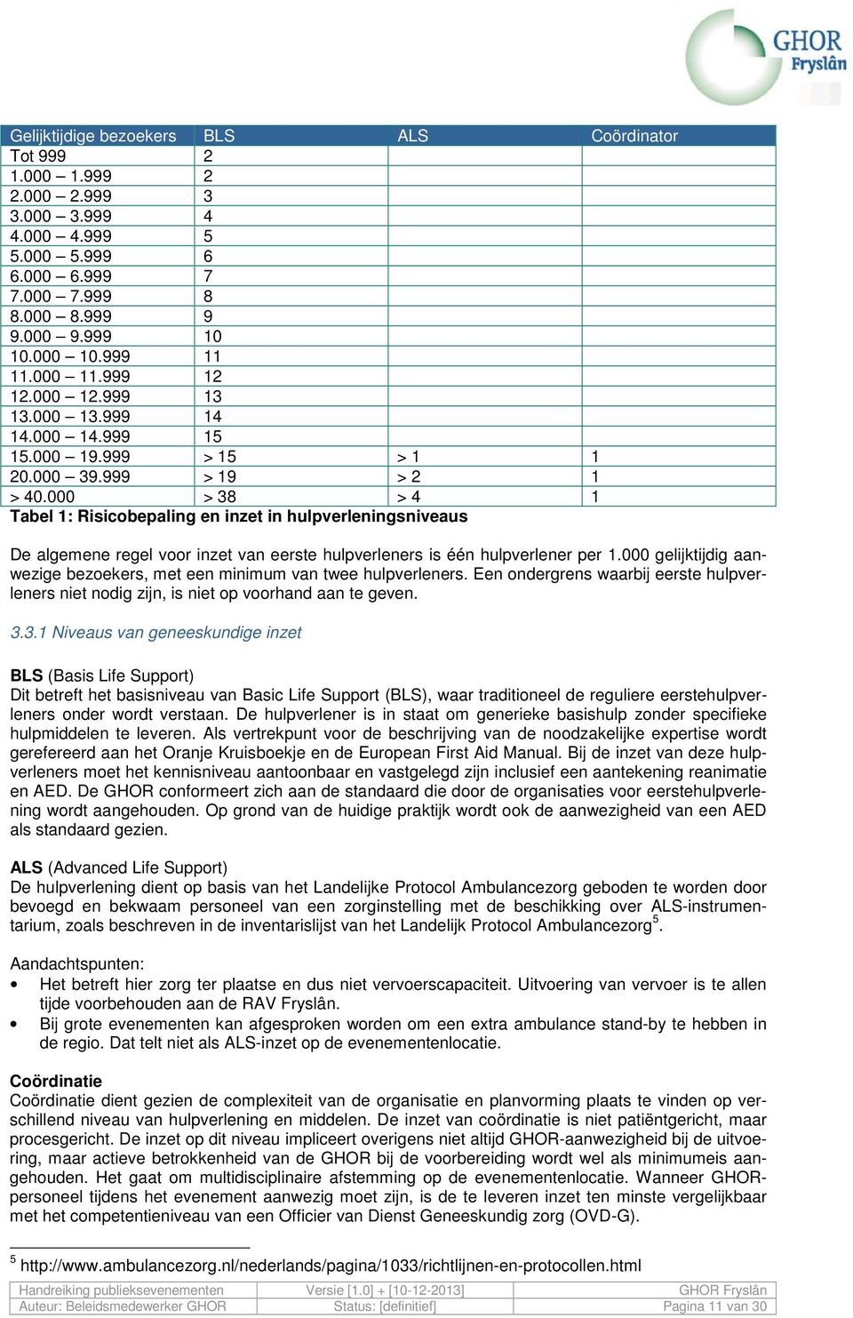 000 > 38 > 4 1 Tabel 1: Risicobepaling en inzet in hulpverleningsniveaus De algemene regel voor inzet van eerste hulpverleners is één hulpverlener per 1.