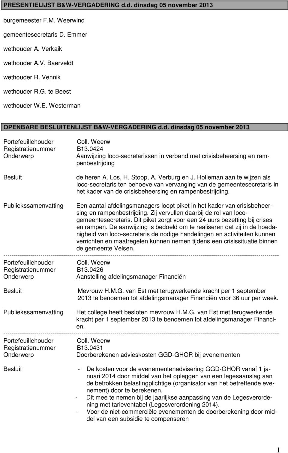 0424 Aanwijzing loco-secretarissen in verband met crisisbeheersing en rampenbestrijding de heren A. Los, H. Stoop, A. Verburg en J.