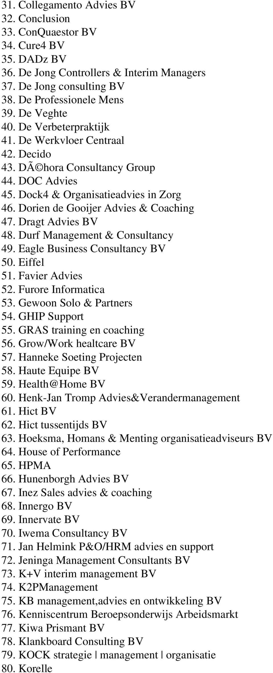 Dragt Advies BV 48. Durf Management & Consultancy 49. Eagle Business Consultancy BV 50. Eiffel 51. Favier Advies 52. Furore Informatica 53. Gewoon Solo & Partners 54. GHIP Support 55.