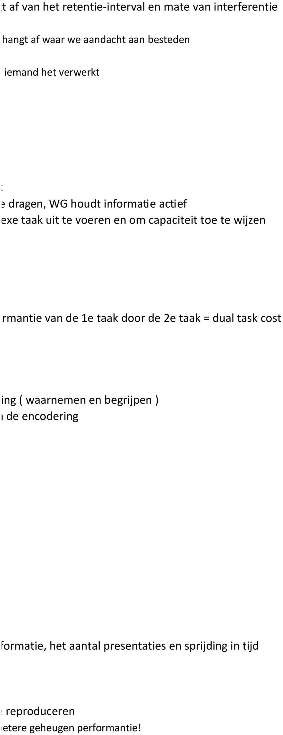 te wijzen an de performantie van de 1e taak door de 2e taak = dual task cost tieverwerking ( waarnemen en begrijpen ) diepte van de