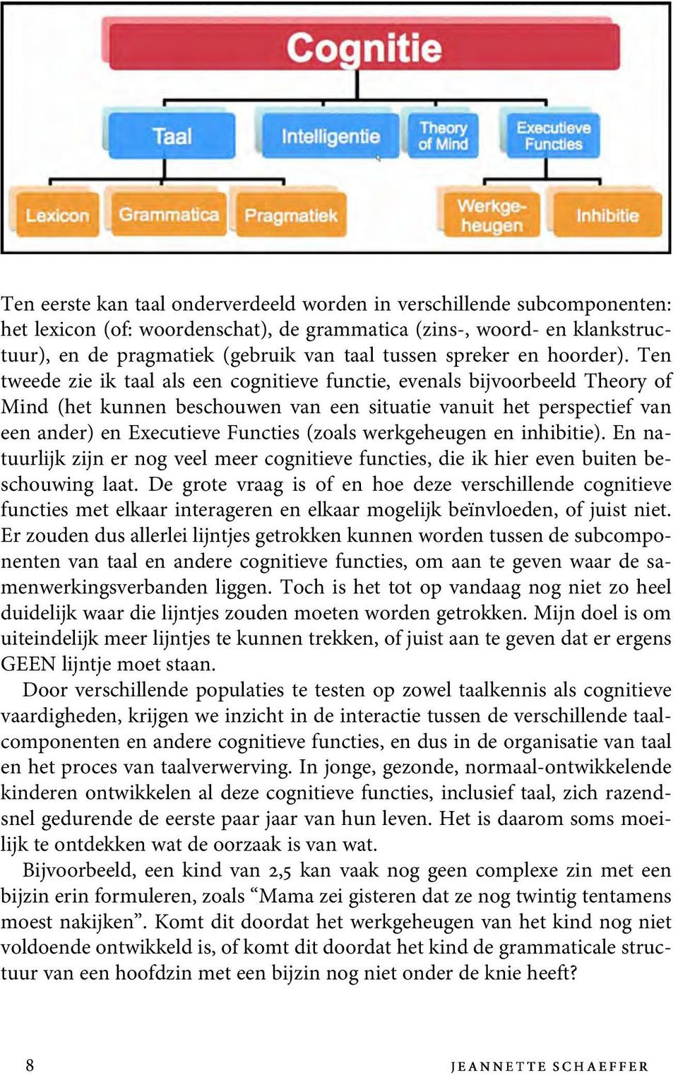 Ten tweede zie ik taal als een cognitieve functie, evenals bijvoorbeeld Theory of Mind (het kunnen beschouwen van een situatie vanuit het perspectief van een ander) en Executieve Functies (zoals