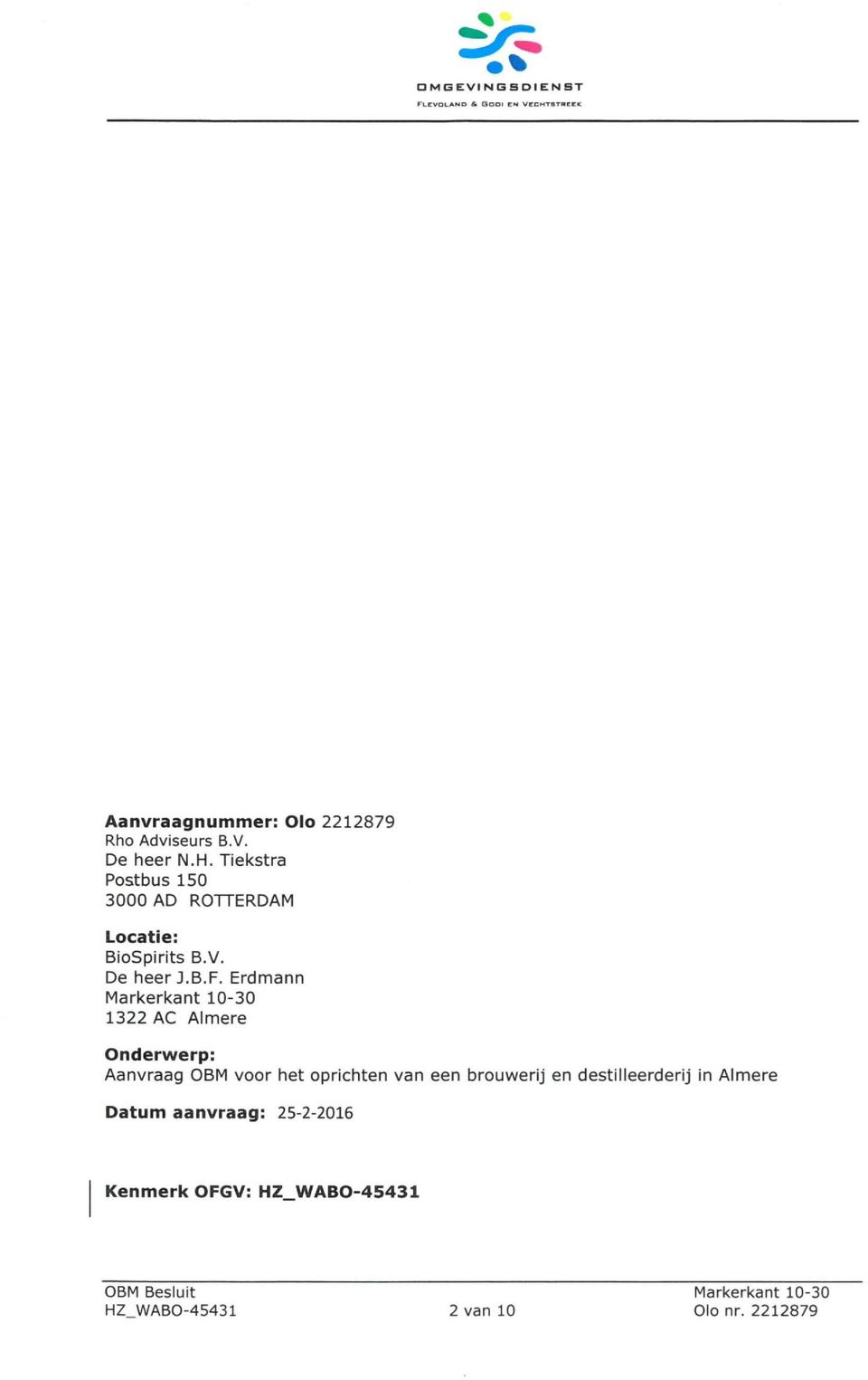 Erdmann Markerkant 10-30 1322 AC Almere Onderwerp: Aanvraag OBM voor het oprichten van een brouwerij en