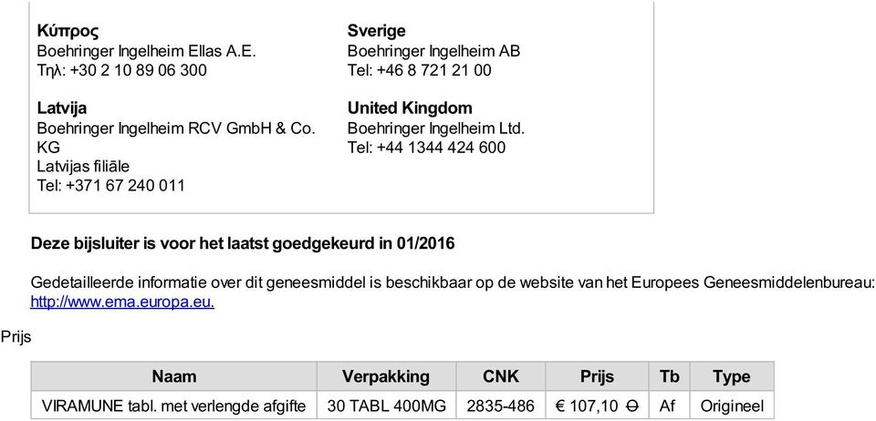 Tel: +44 1344 424 600 Prijs Deze bijsluiter is voor het laatst goedgekeurd in 01/2016 Gedetailleerde informatie over dit geneesmiddel is