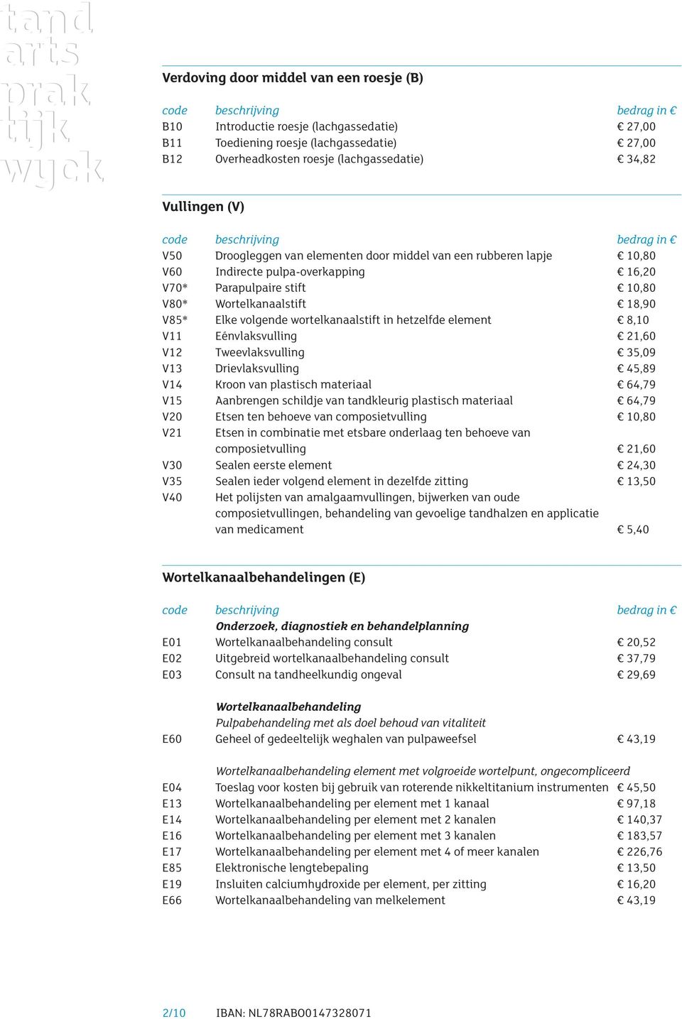 wortelkanaalstift in hetzelfde element 8,10 V11 Eénvlaksvulling 21,60 V12 Tweevlaksvulling 35,09 V13 Drievlaksvulling 45,89 V14 Kroon van plastisch materiaal 64,79 V15 Aanbrengen schildje van