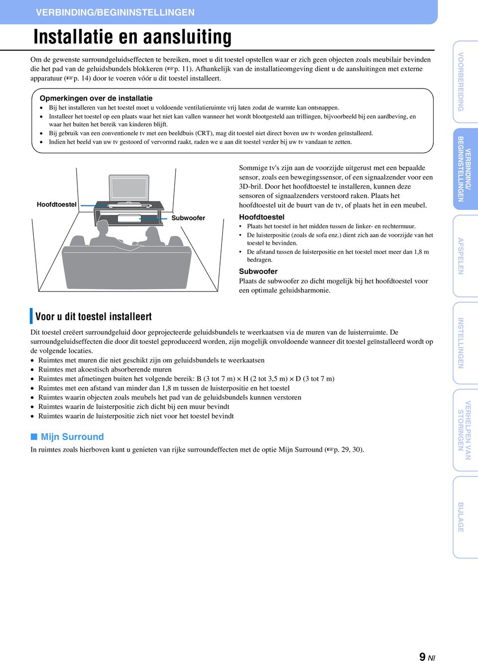 Opmerkingen over de installatie Bij het installeren van het toestel moet u voldoende ventilatieruimte vrij laten zodat de warmte kan ontsnappen.