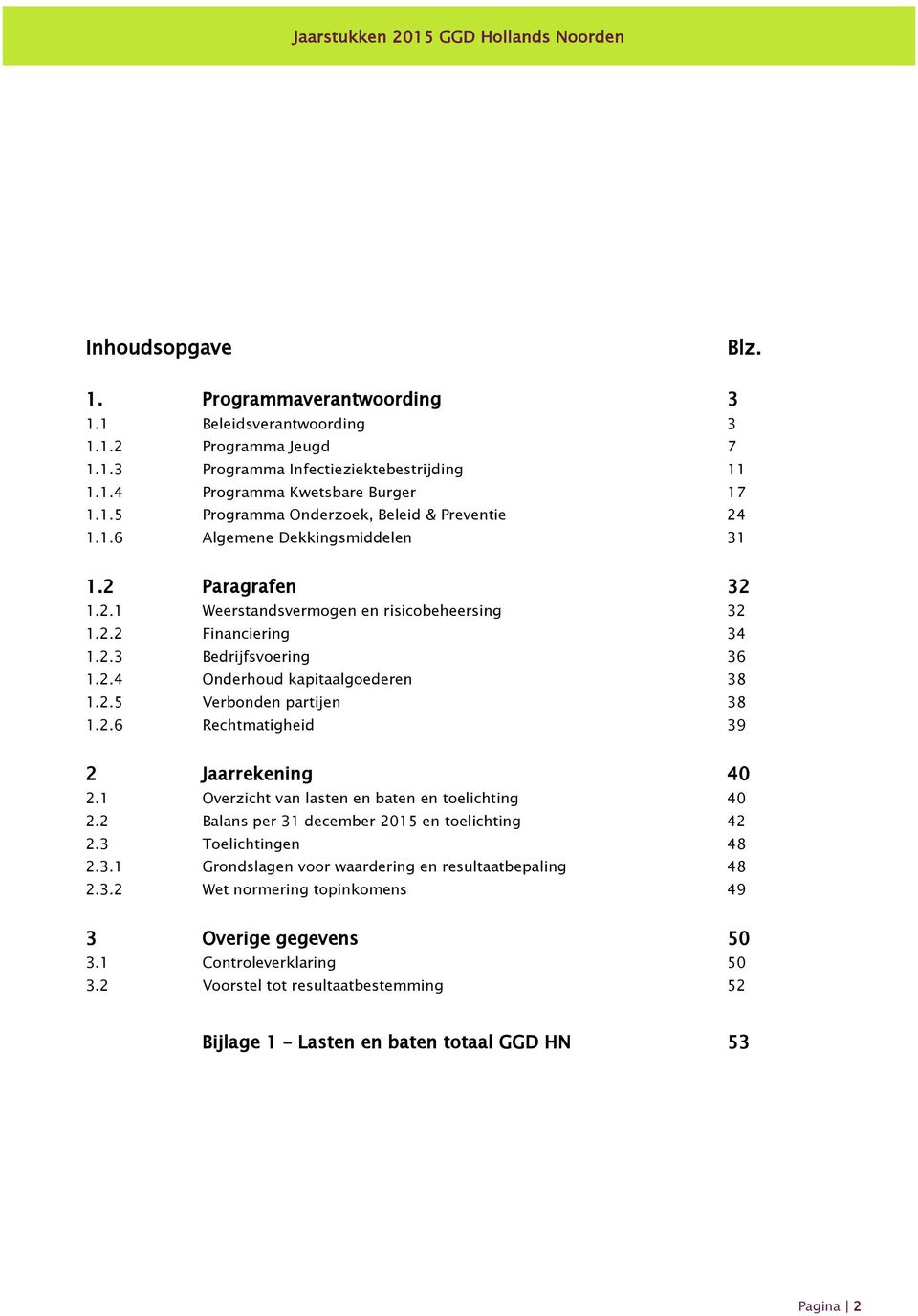 2.5 Verbonden partijen 38 1.2.6 Rechtmatigheid 39 2 Jaarrekening 40 2.1 Overzicht van lasten en baten en toelichting 40 2.2 Balans per 31 december 2015 en toelichting 42 2.3 Toelichtingen 48 2.3.1 Grondslagen voor waardering en resultaatbepaling 48 2.