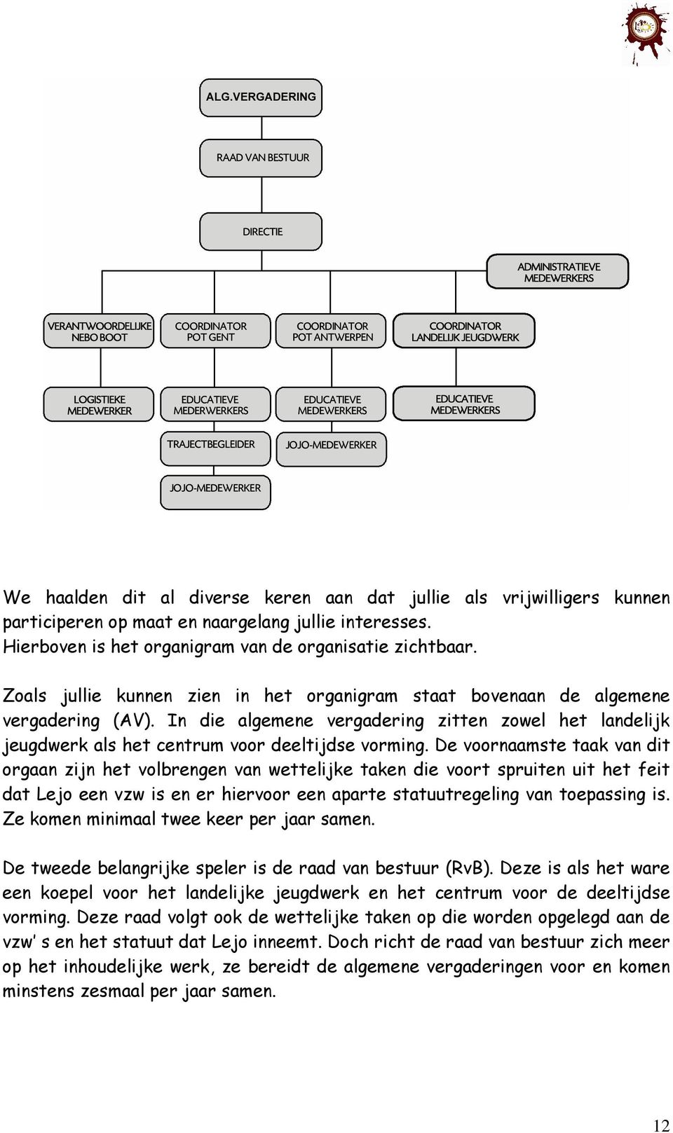 De voornaamste taak van dit orgaan zijn het volbrengen van wettelijke taken die voort spruiten uit het feit dat Lejo een vzw is en er hiervoor een aparte statuutregeling van toepassing is.