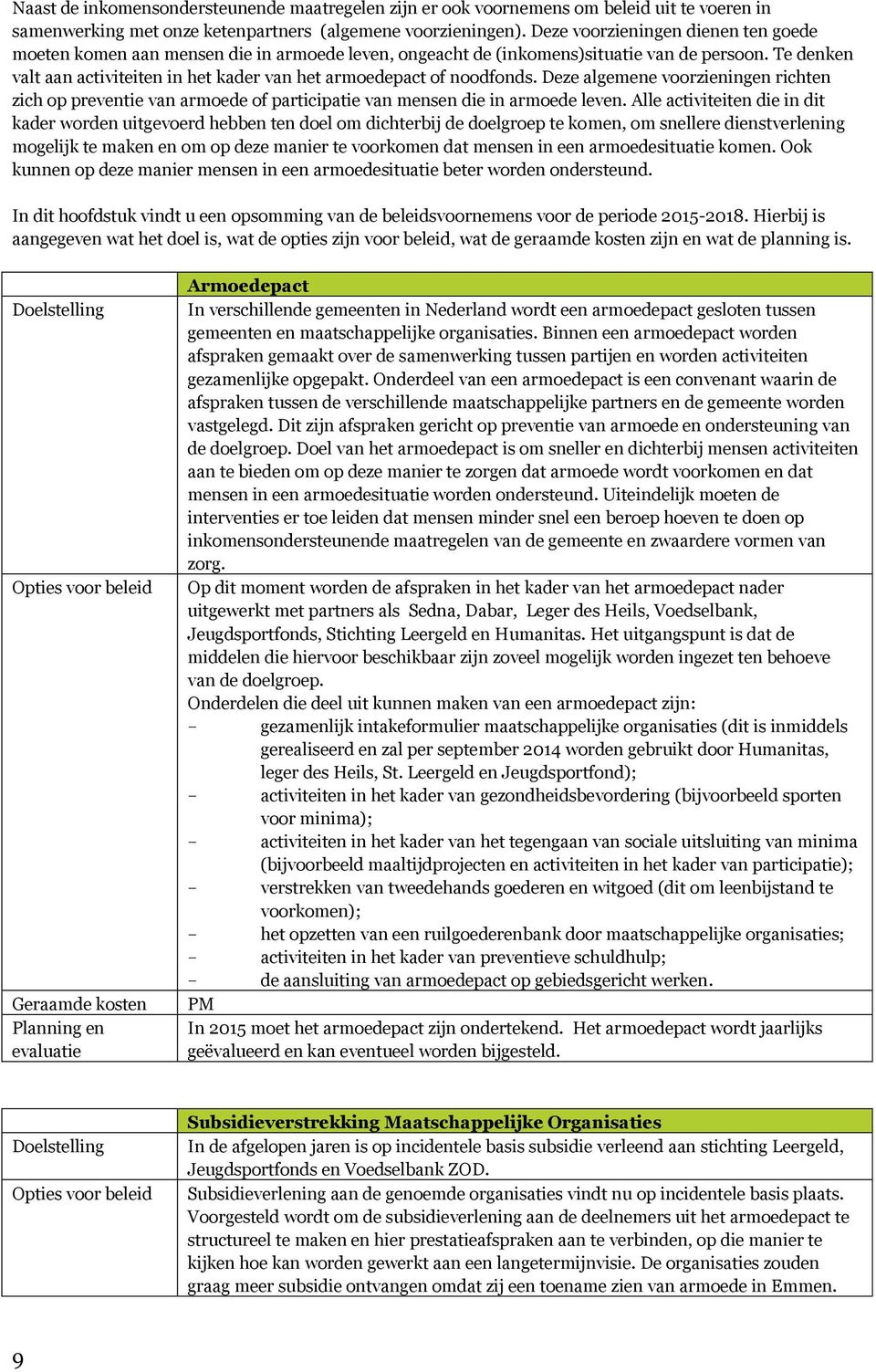 Te denken valt aan activiteiten in het kader van het armoedepact of noodfonds. Deze algemene voorzieningen richten zich op preventie van armoede of participatie van mensen die in armoede leven.