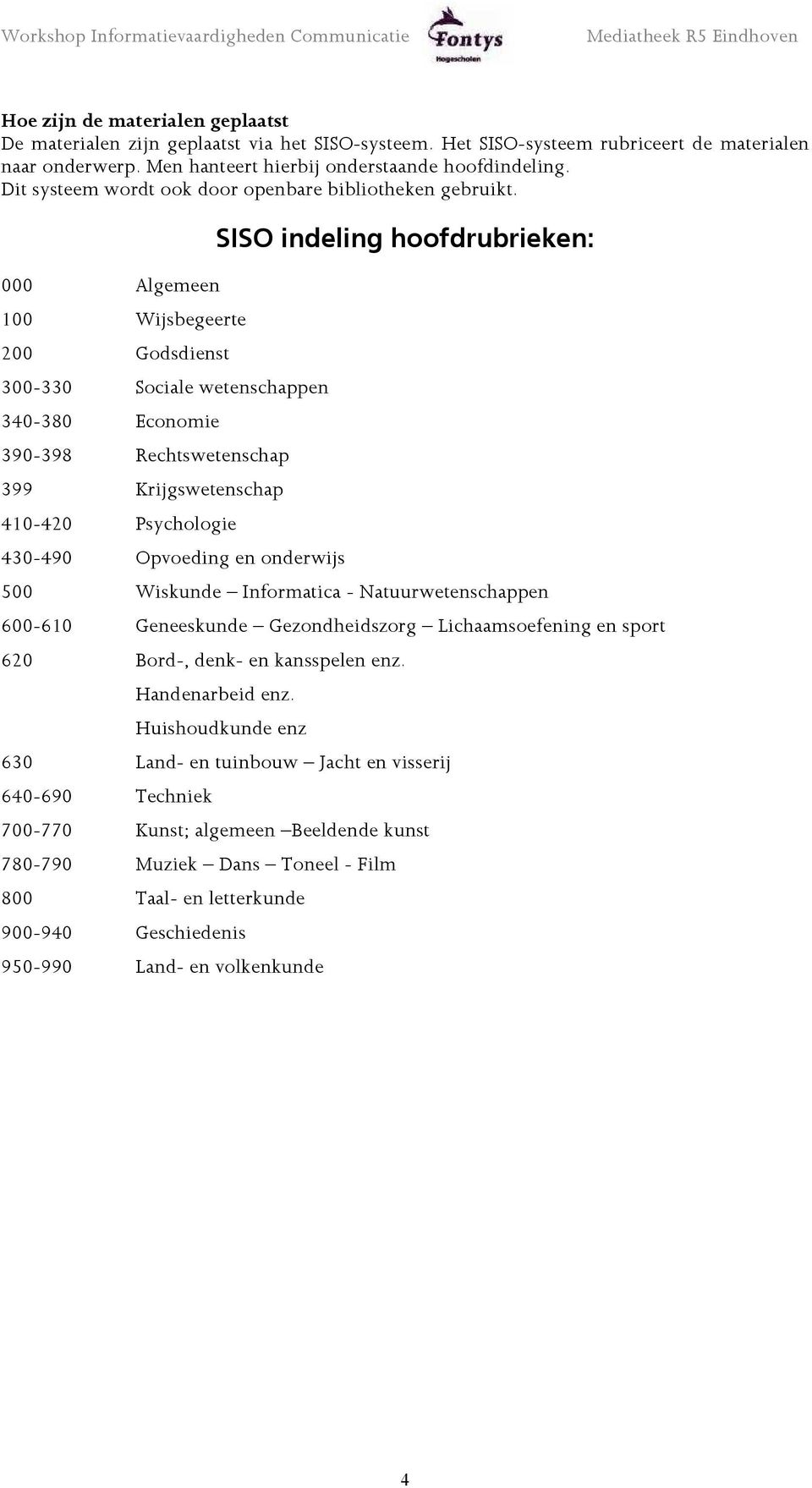 000 Algemeen 100 Wijsbegeerte 200 Godsdienst 300-330 Sociale wetenschappen 340-380 Economie 390-398 Rechtswetenschap 399 Krijgswetenschap 410-420 Psychologie 430-490 Opvoeding en onderwijs SISO